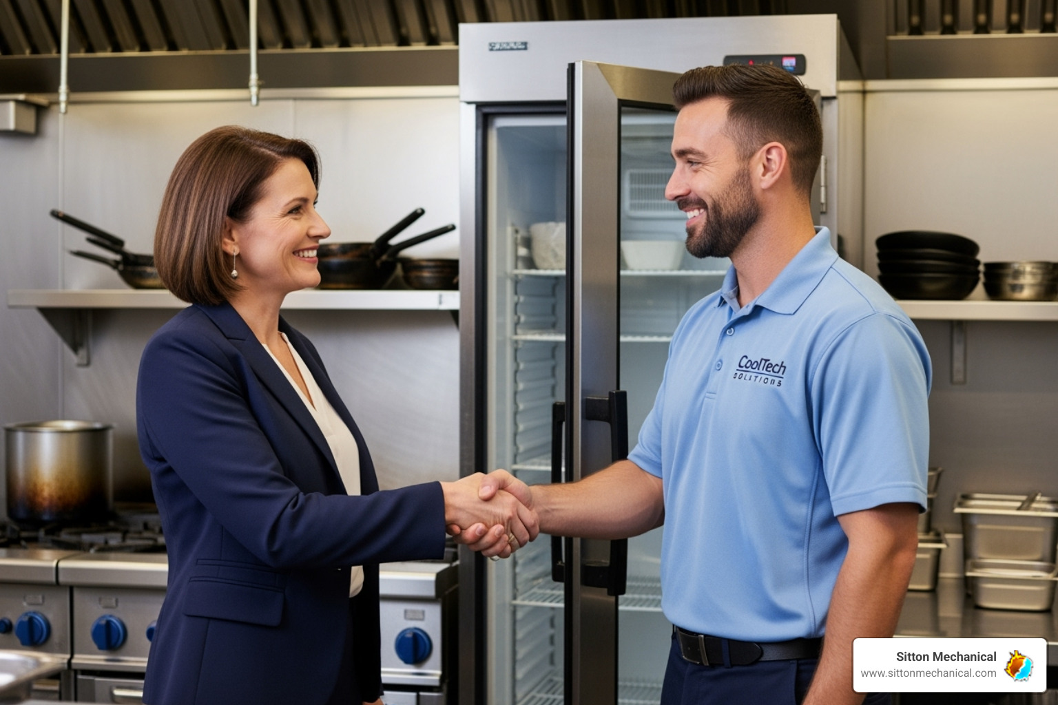 smiling business owner shaking hands with a Sitton Mechanical technician - commercial freezer repair cushing