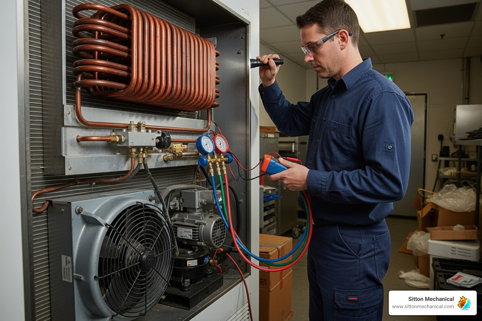 technician using diagnostic tools on a commercial freezer's condenser unit - commercial freezer repair cushing