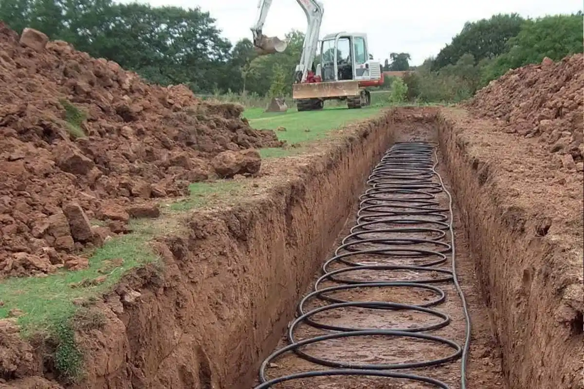 A horizontal loop geothermal heat pump ground coil installed in a deep trench dug by an excavator.