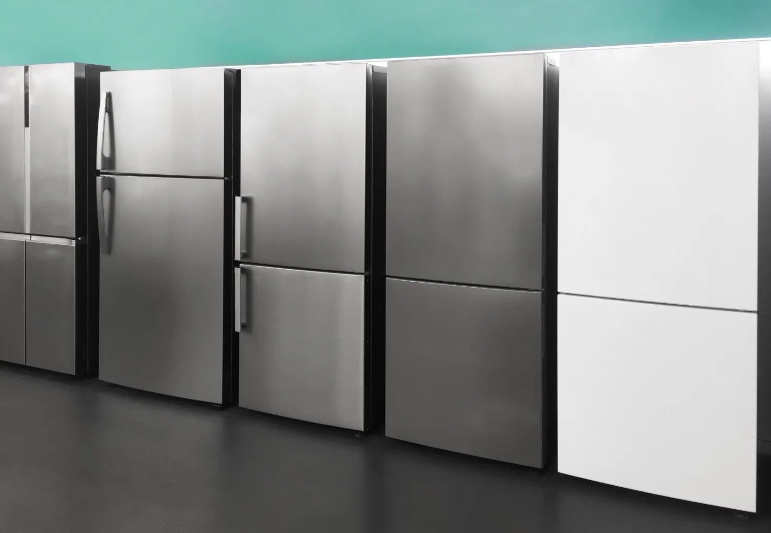 A row of commercial-style stainless steel refrigerators with a single white unit against a teal wall.