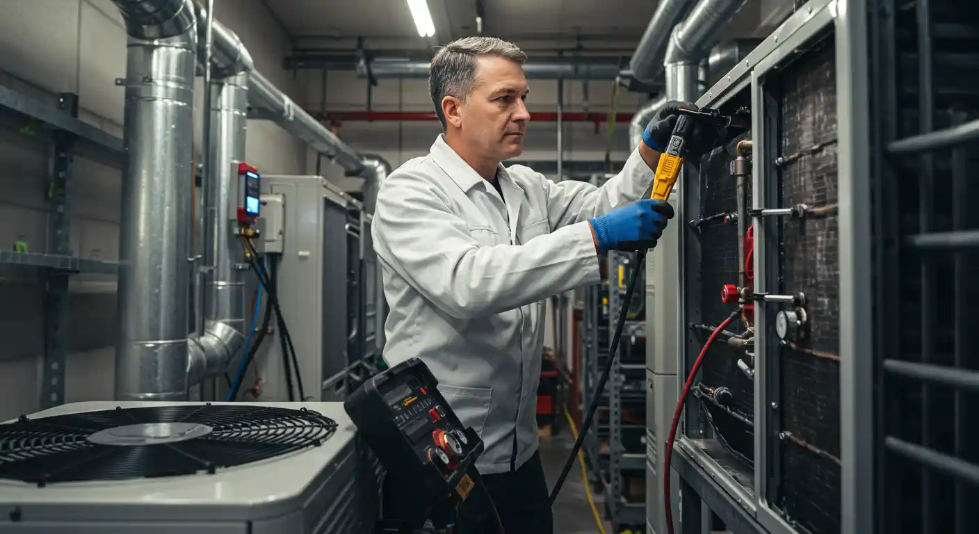 A male HVAC technician in a white lab coat and blue gloves is servicing a large commercial air conditioning or refrigeration unit in an equipment room. He is using a handheld device, possibly an electronic leak detector or temperature probe, on the unit's copper piping and coils. A digital gauge set is resting on a nearby unit in the foreground.