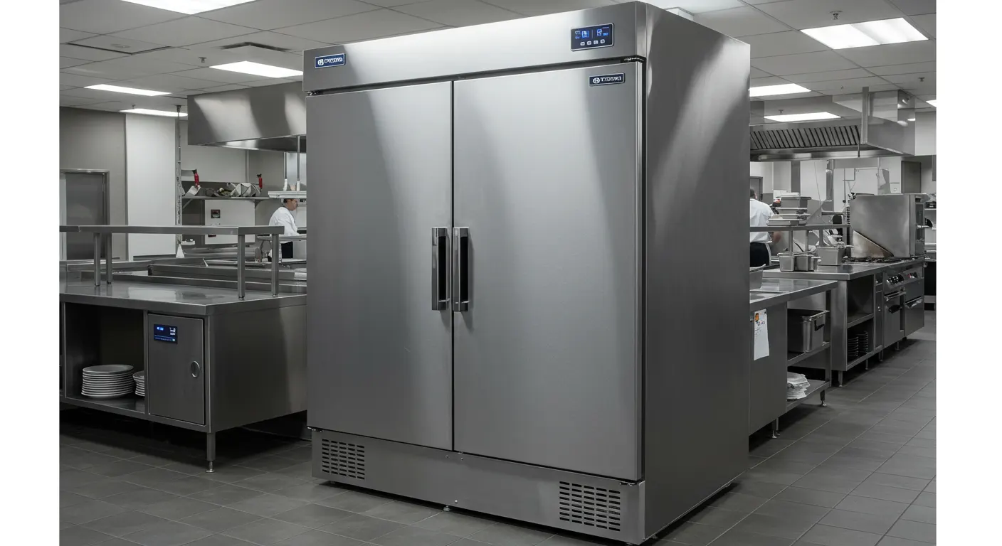 A large, stainless steel two-door commercial reach-in refrigerator stands in the center of a professional kitchen. The background shows stainless steel counters, prep areas, and kitchen staff in white uniforms.