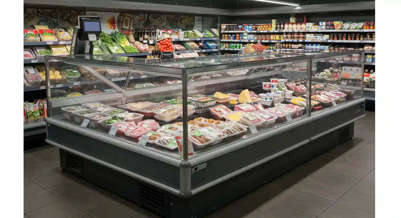 A wide, glass-topped commercial refrigerated display case in a grocery store, filled with various packaged fresh meats, cheeses, and prepared foods. Shelves stocked with produce and pantry items are visible in the background.