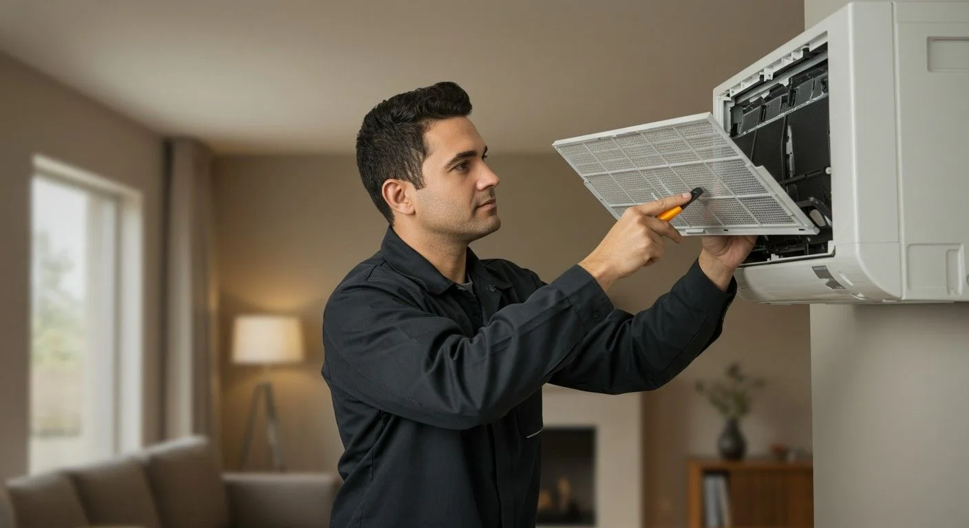  A dark-haired HVAC technician wearing a dark work shirt is inspecting a filter he has just removed from a white ductless air conditioning indoor unit mounted on a wall. He is holding a small tool in his right hand. The background is a brightly lit, modern living room with blurred furnishings, including a lamp and a fireplace mantel.