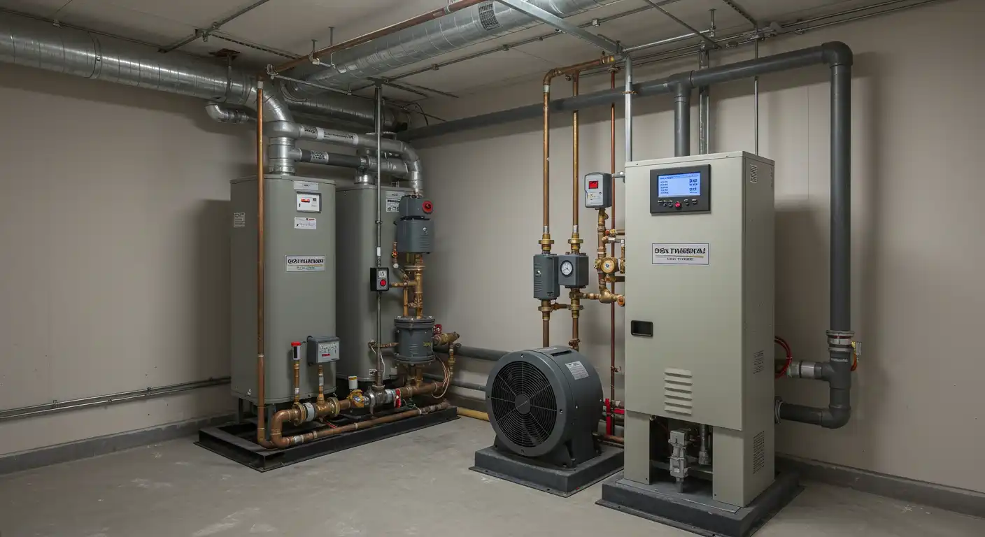  A clean, well-organized utility room displays a complete geothermal heat pump system installation against white walls. The system includes a large gray water storage tank and a smaller, box-shaped heat pump unit with a fan visible on its front, both connected to extensive metal piping, ductwork, and control boxes mounted neatly on the wall.