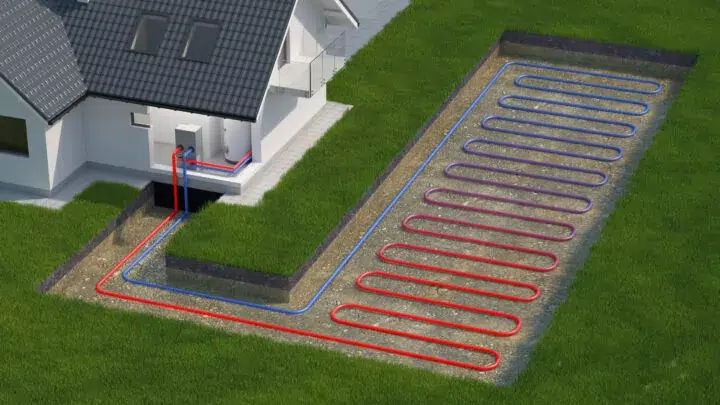 A diagram of a geothermal heat pump system showing a house connected to underground pipes