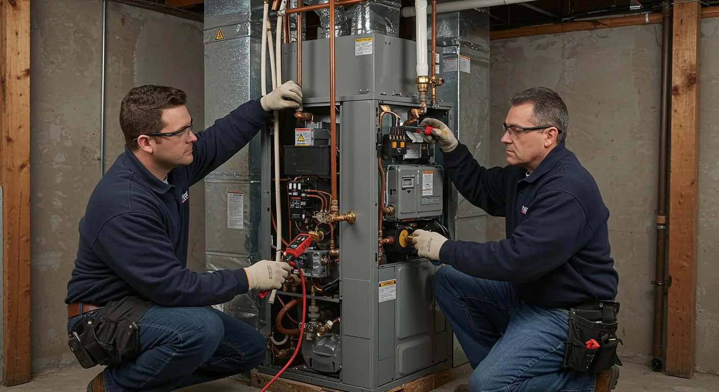 Two technicians servicing a large furnace.