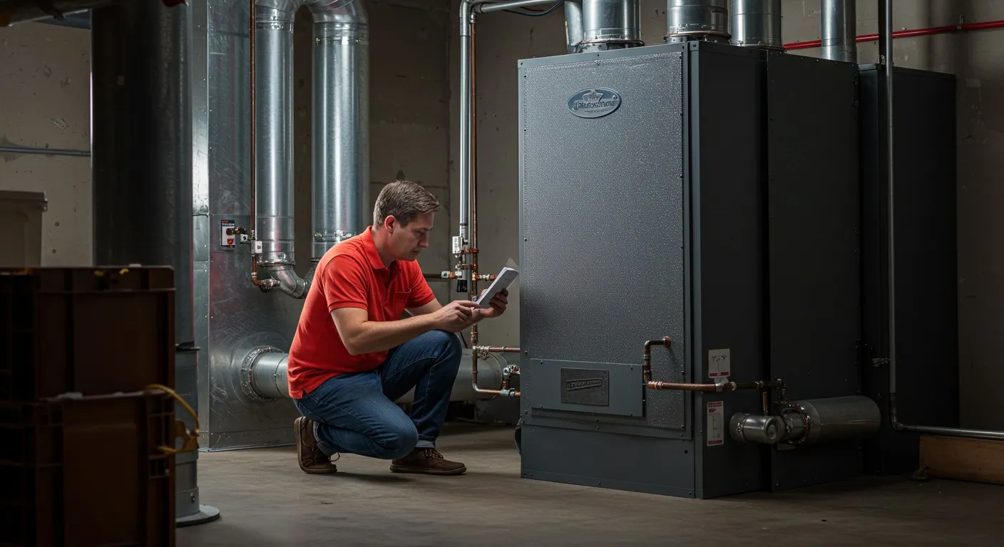 Technician inspecting large commercial furnace system.