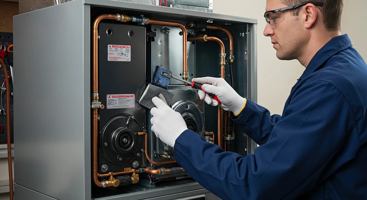 Technician cleaning a furnace component inside.