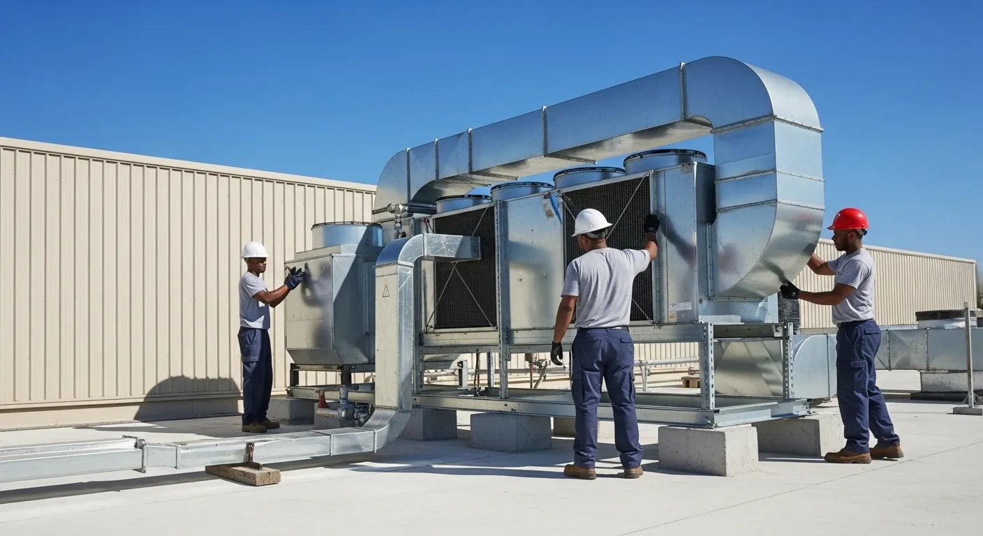 Three HVAC technicians connecting large galvanized metal ductwork to a rooftop air handling unit.
