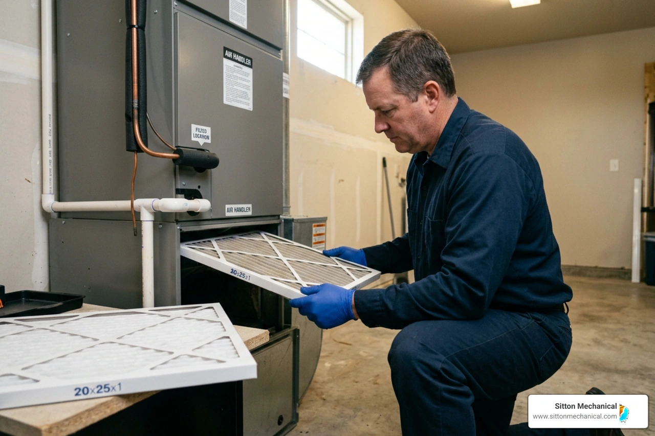 Homeowner sliding a clean, pleated air filter into the designated slot of a residential HVAC furnace system Homeowner sliding a clean, pleated air filter into the designated slot of a residential HVAC furnace system