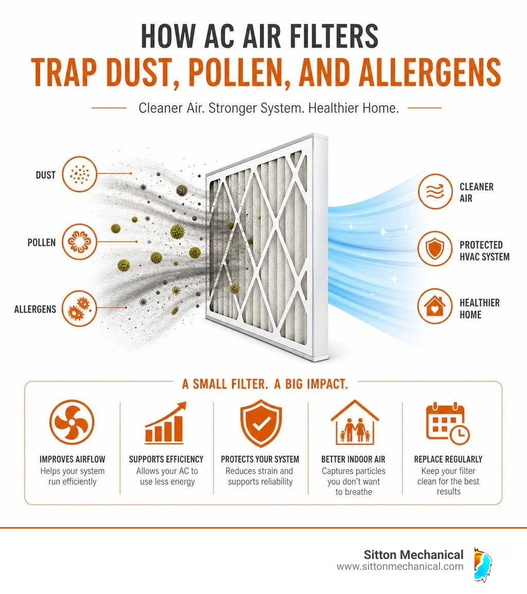 How AC air filters trap dust, pollen, and allergens to protect your HVAC system and indoor air quality infographic How AC air filters trap dust, pollen, and allergens to protect your HVAC system and indoor air quality infographic