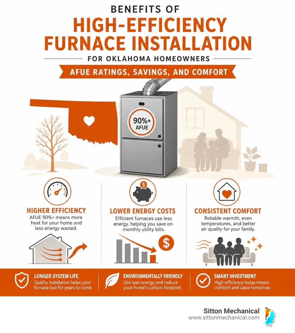 Benefits of high-efficiency furnace installation for Oklahoma homeowners — AFUE ratings, savings, and comfort infographic Benefits of high-efficiency furnace installation for Oklahoma homeowners — AFUE ratings, savings, and comfort infographic