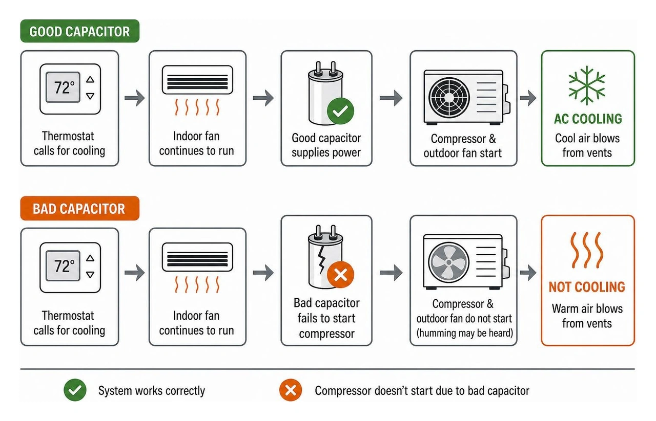 Diagram showing how a bad capacitor prevents the compressor from starting while the indoor fan continues to run Diagram showing how a bad capacitor prevents the compressor from starting while the indoor fan continues to run