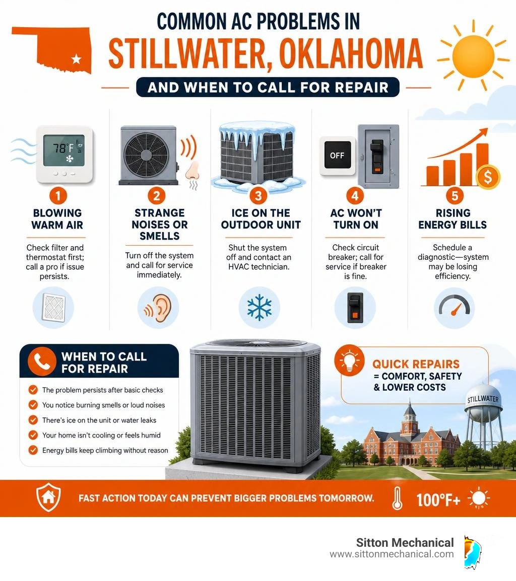 infographic showing common AC problems in Stillwater Oklahoma and when to call for repair infographic infographic showing common AC problems in Stillwater Oklahoma and when to call for repair infographic