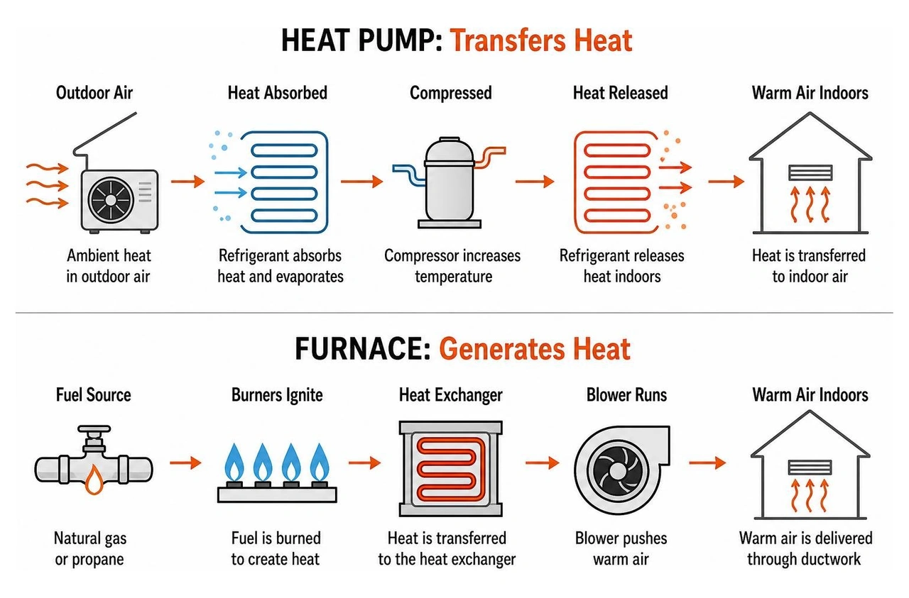 How heat pumps transfer thermal energy versus how furnaces generate heat How heat pumps transfer thermal energy versus how furnaces generate heat