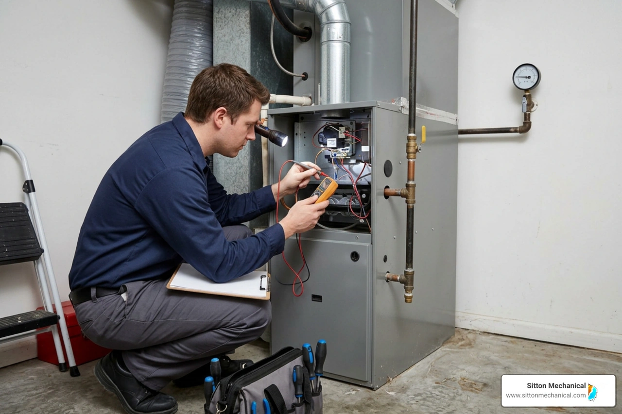 HVAC technician inspecting a furnace for short-cycling and weak airflow HVAC technician inspecting a furnace for short-cycling and weak airflow