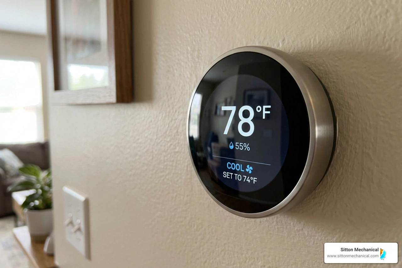 A smart thermostat displaying a high indoor temperature despite being set to cool A smart thermostat displaying a high indoor temperature despite being set to cool