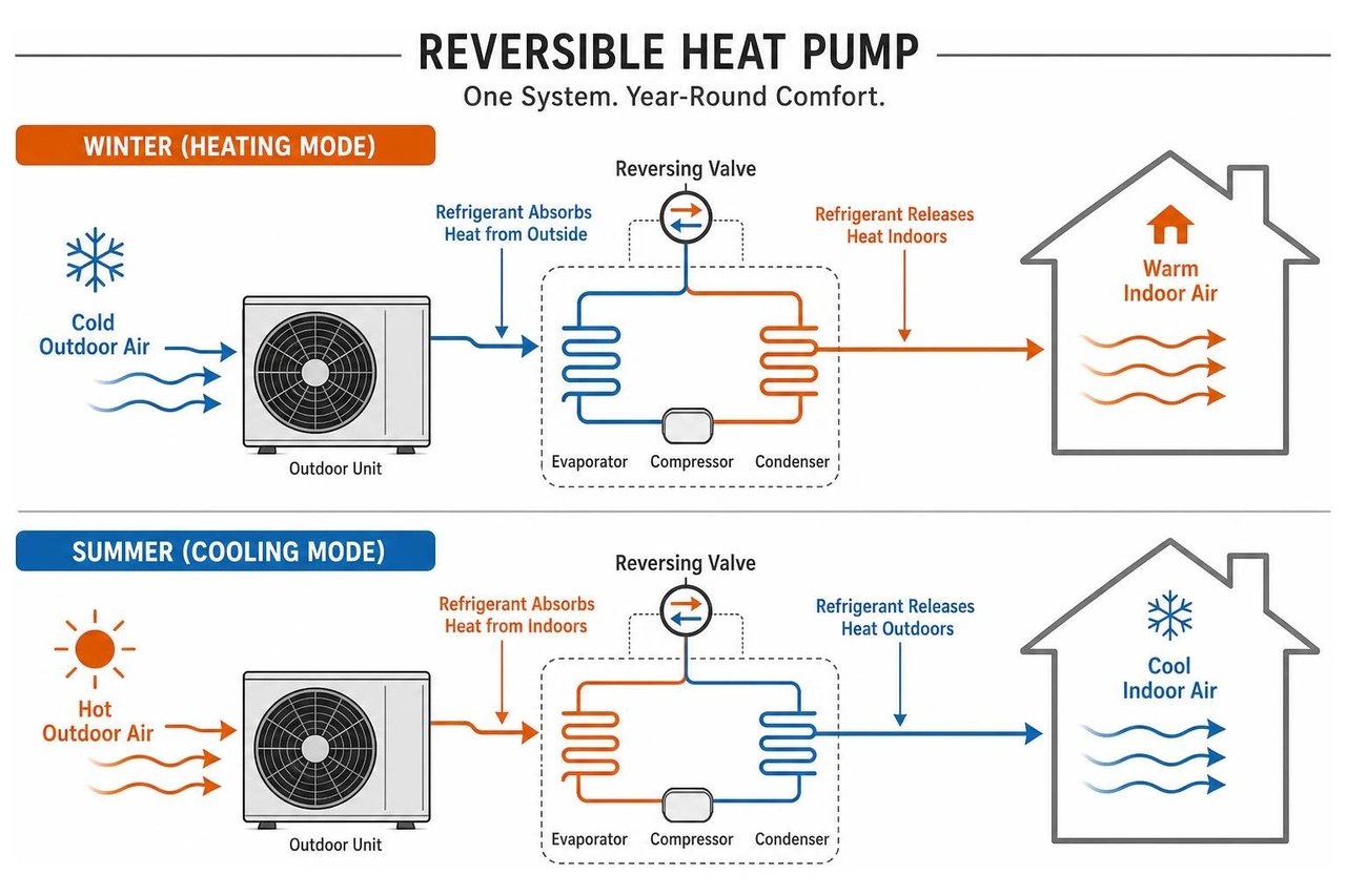 Diagram showing how a reversible heat pump transfers heat indoors during winter and outdoors during summer Diagram showing how a reversible heat pump transfers heat indoors during winter and outdoors during summer