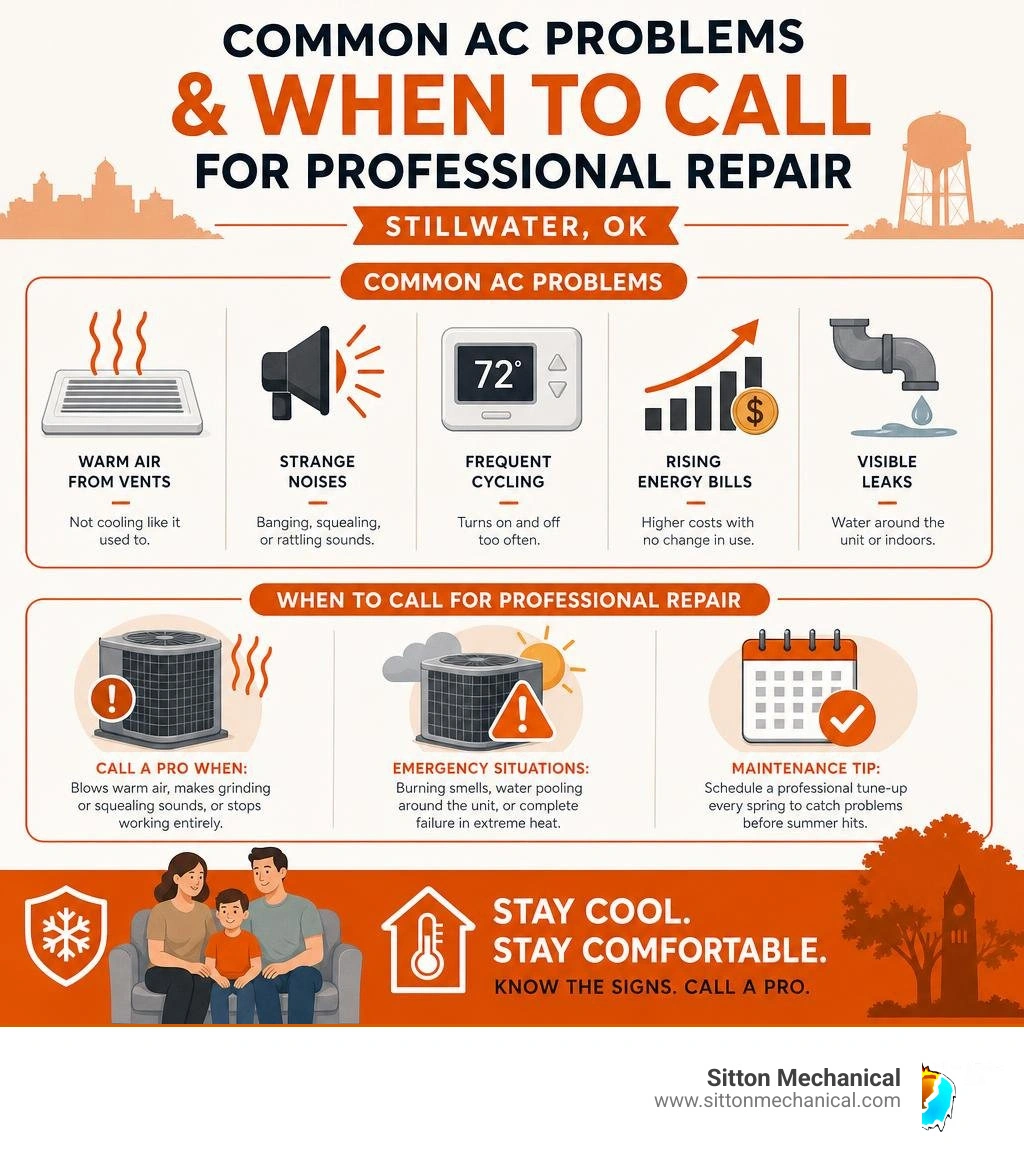 infographic showing common AC problems and when to call for professional repair in Stillwater OK infographic infographic showing common AC problems and when to call for professional repair in Stillwater OK infographic