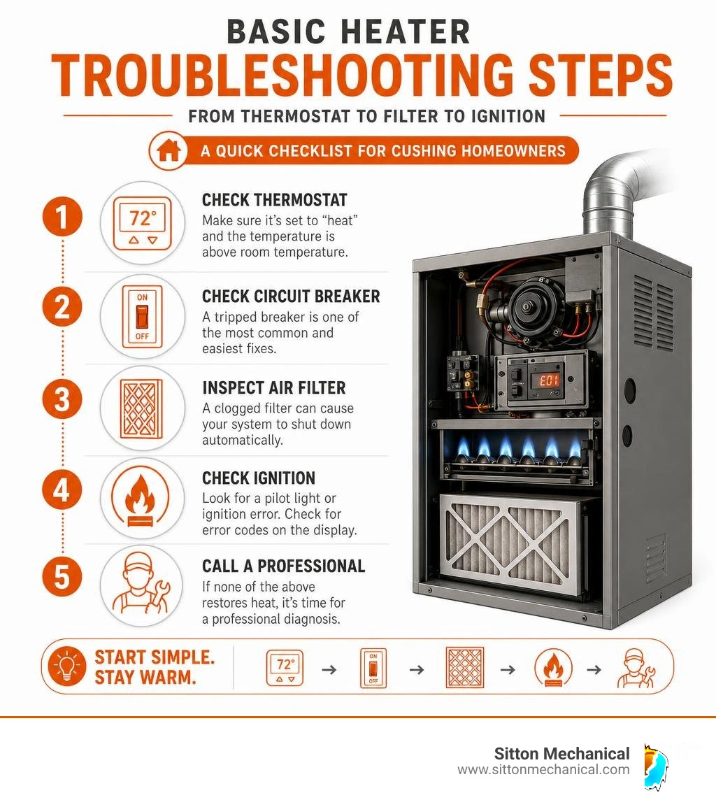 Basic heater troubleshooting steps for Cushing homeowners: checklist from thermostat to filter to ignition infographic Basic heater troubleshooting steps for Cushing homeowners: checklist from thermostat to filter to ignition infographic