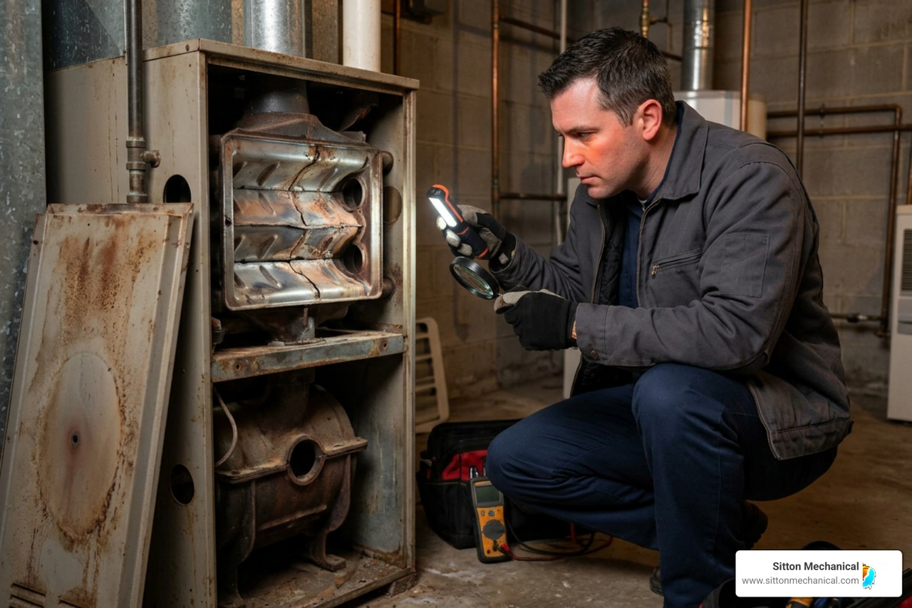 Technician inspecting an old furnace heat exchanger for wear and tear Technician inspecting an old furnace heat exchanger for wear and tear
