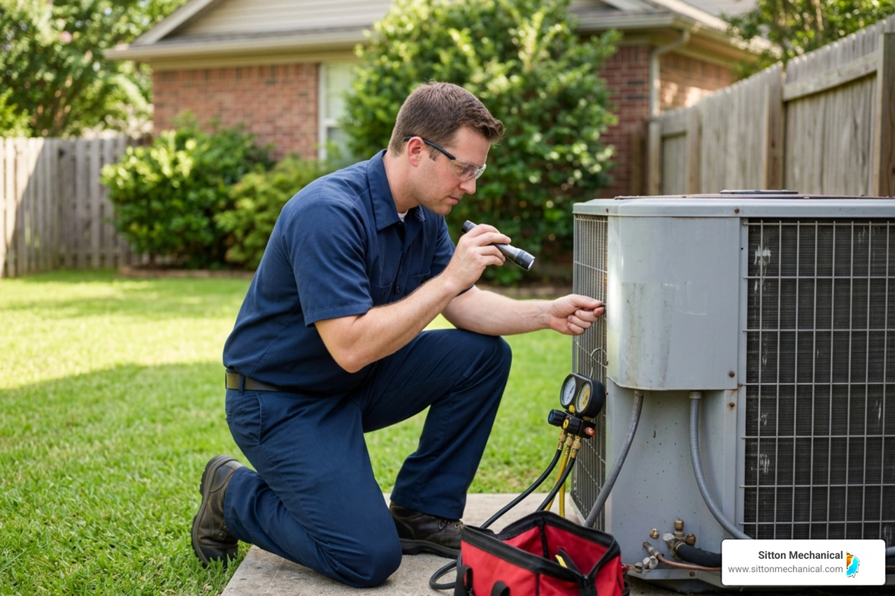 technician inspecting an AC unit technician inspecting an AC unit