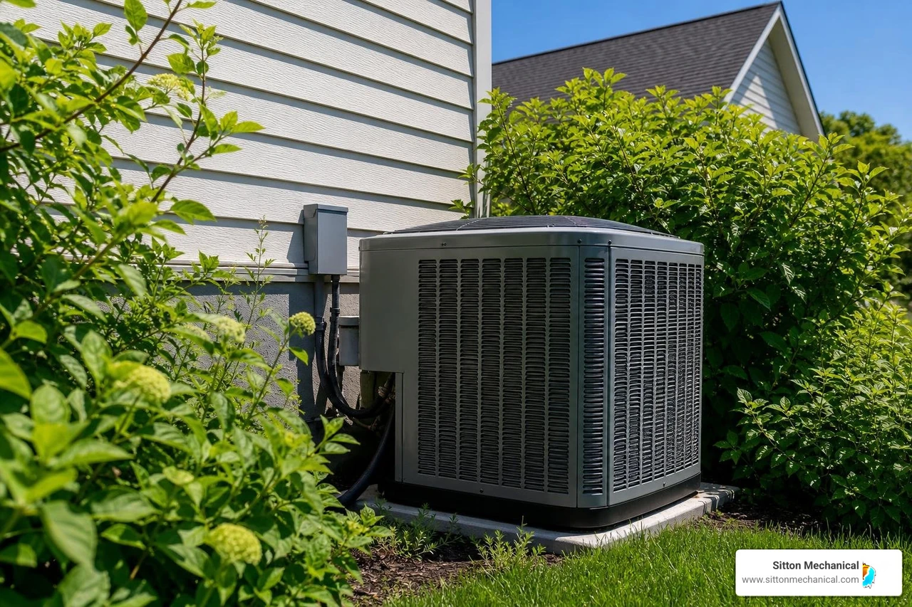 outdoor AC unit surrounded by summer foliage outdoor AC unit surrounded by summer foliage