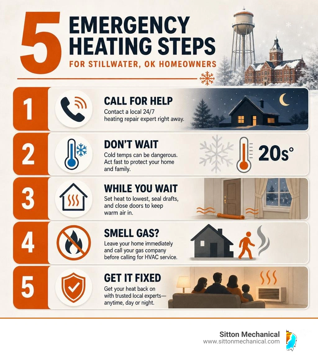 Infographic showing 5 emergency heating steps for Stillwater OK homeowners in winter infographic Infographic showing 5 emergency heating steps for Stillwater OK homeowners in winter infographic