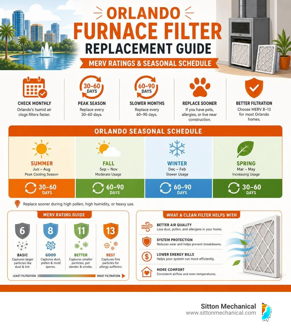 Orlando furnace filter replacement frequency guide with MERV ratings and seasonal schedule infographic Orlando furnace filter replacement frequency guide with MERV ratings and seasonal schedule infographic