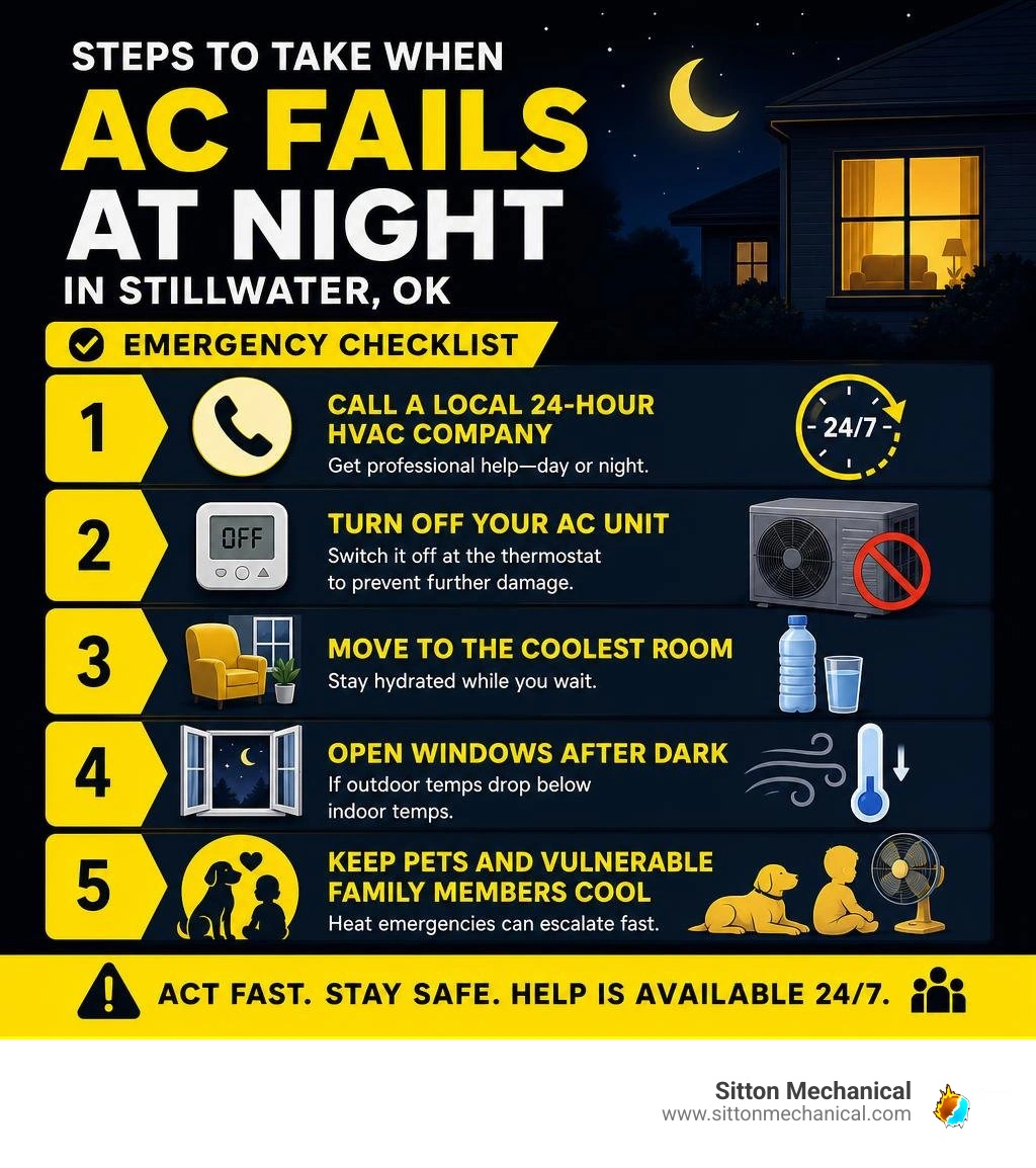 Steps to take when AC fails at night in Stillwater, OK — emergency checklist infographic infographic Steps to take when AC fails at night in Stillwater, OK — emergency checklist infographic infographic