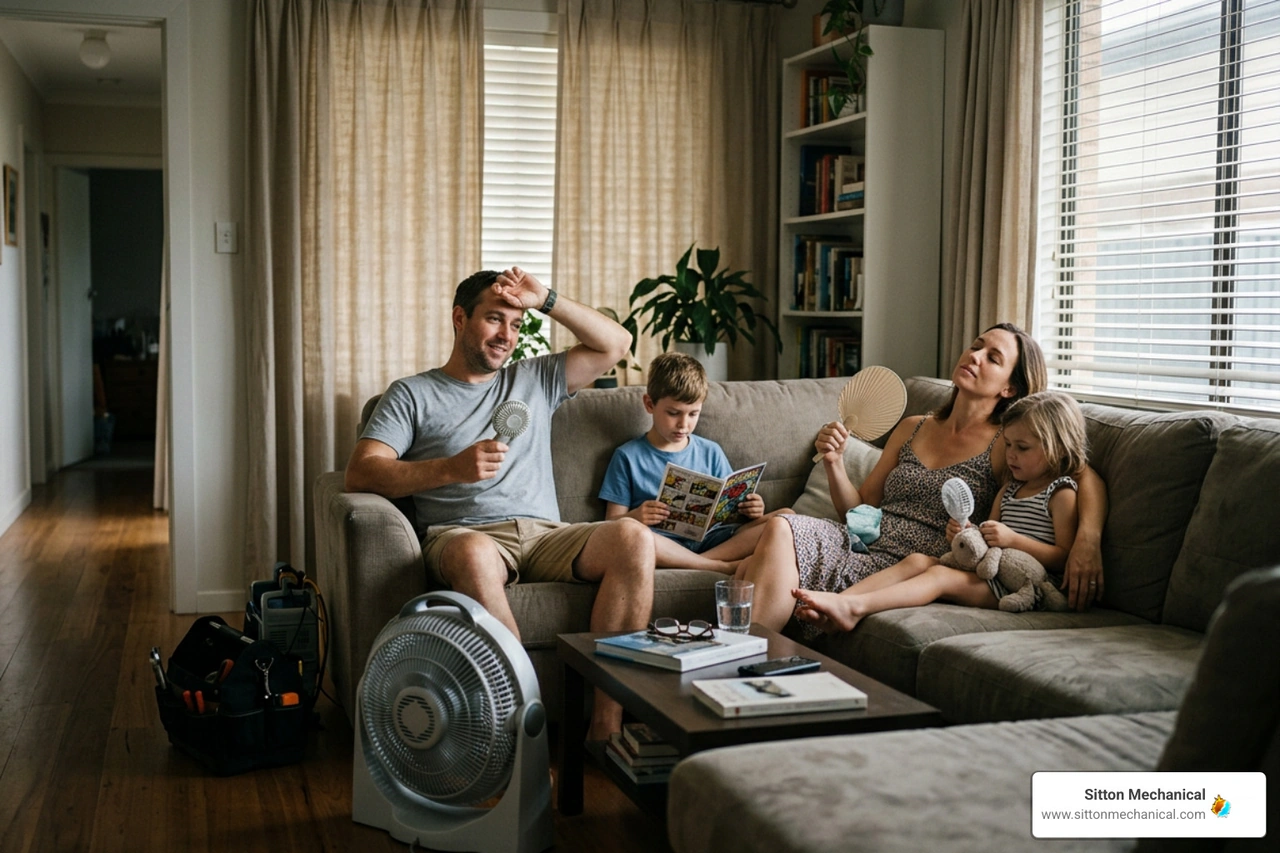 A family relaxing in a shaded room with a portable fan while waiting for service A family relaxing in a shaded room with a portable fan while waiting for service