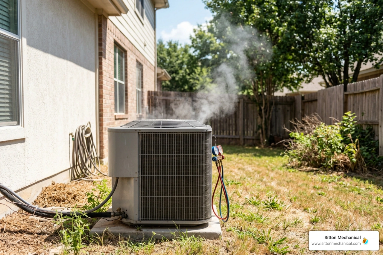 A malfunctioning outdoor AC unit during a hot summer day A malfunctioning outdoor AC unit during a hot summer day