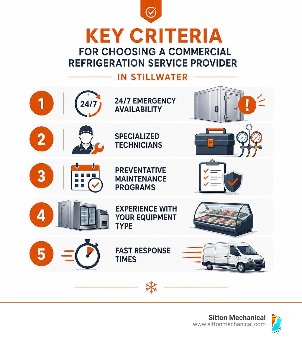 Key criteria for choosing a commercial refrigeration service provider in Stillwater infographic Key criteria for choosing a commercial refrigeration service provider in Stillwater infographic