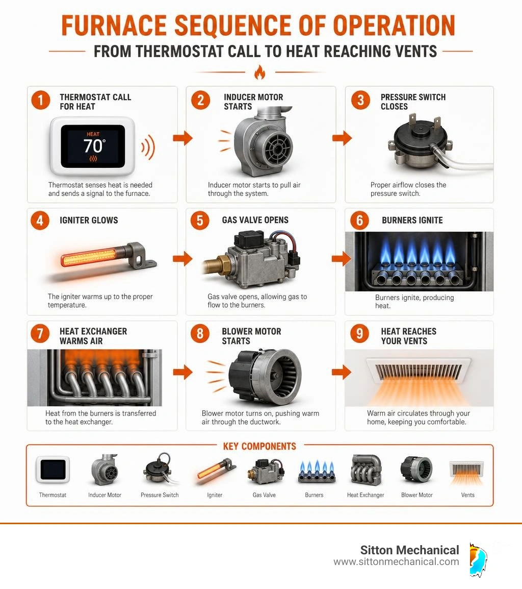 Furnace sequence of operation from thermostat call to heat reaching vents, showing key components infographic