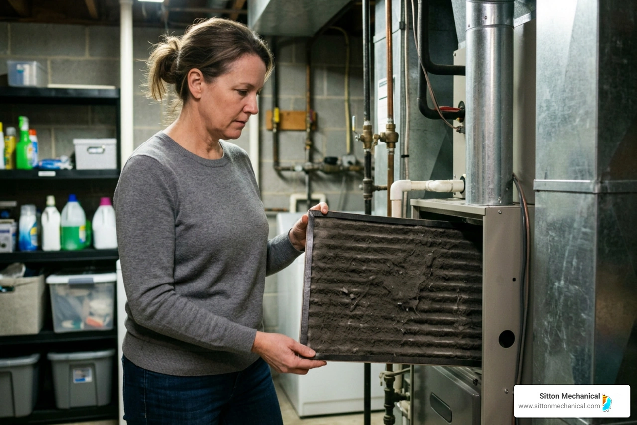 Homeowner checking a dirty furnace filter to resolve airflow restrictions