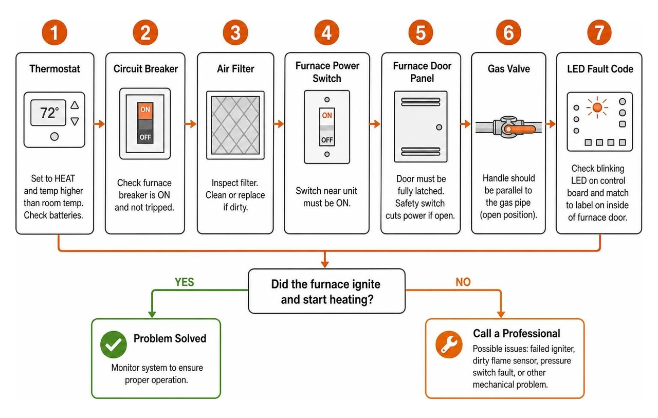 Flowchart showing the step-by-step diagnostic process for a furnace that will not ignite
