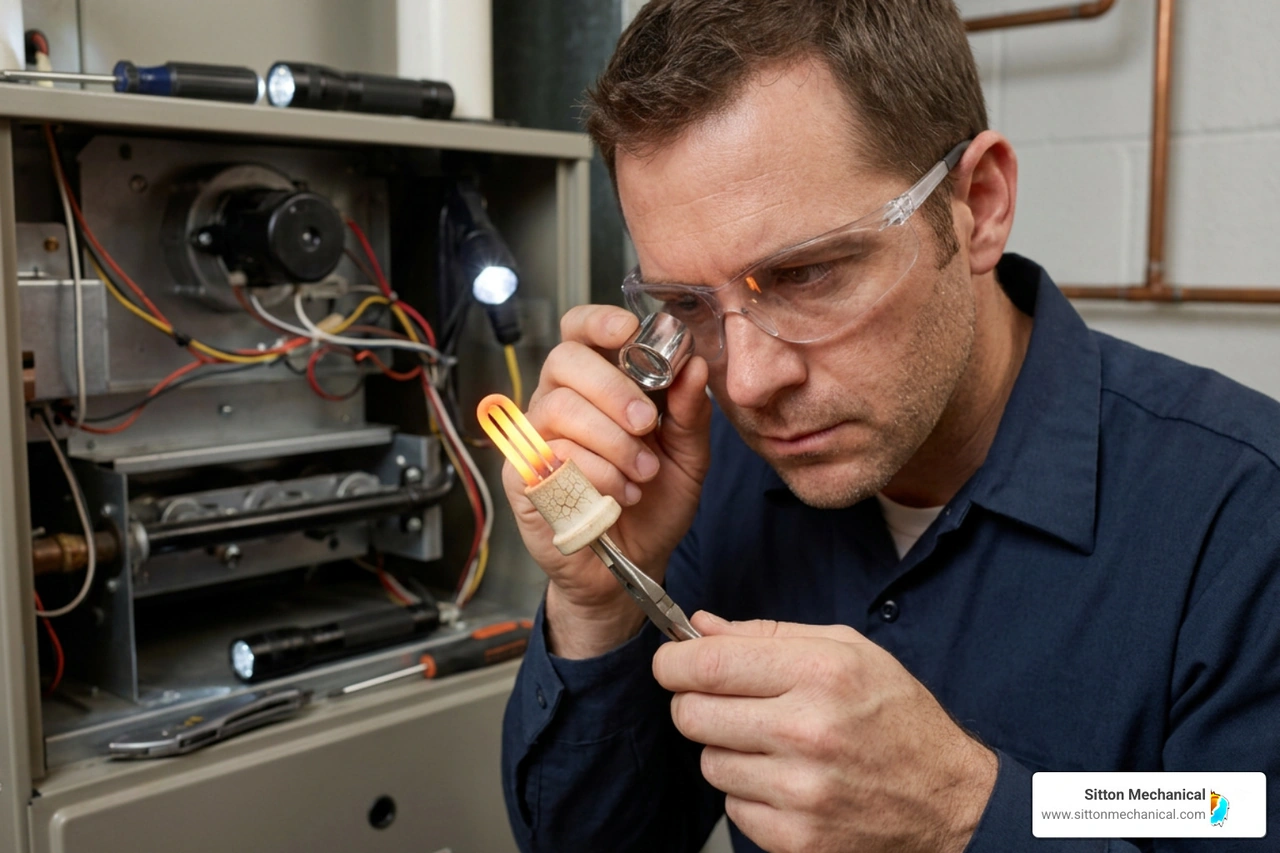 A technician inspecting a hot surface igniter for microscopic ceramic cracks