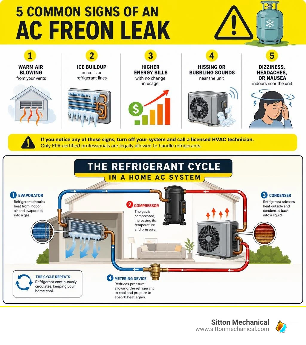 infographic showing common signs of AC Freon leak and refrigerant cycle in a home system infographic infographic showing common signs of AC Freon leak and refrigerant cycle in a home system infographic