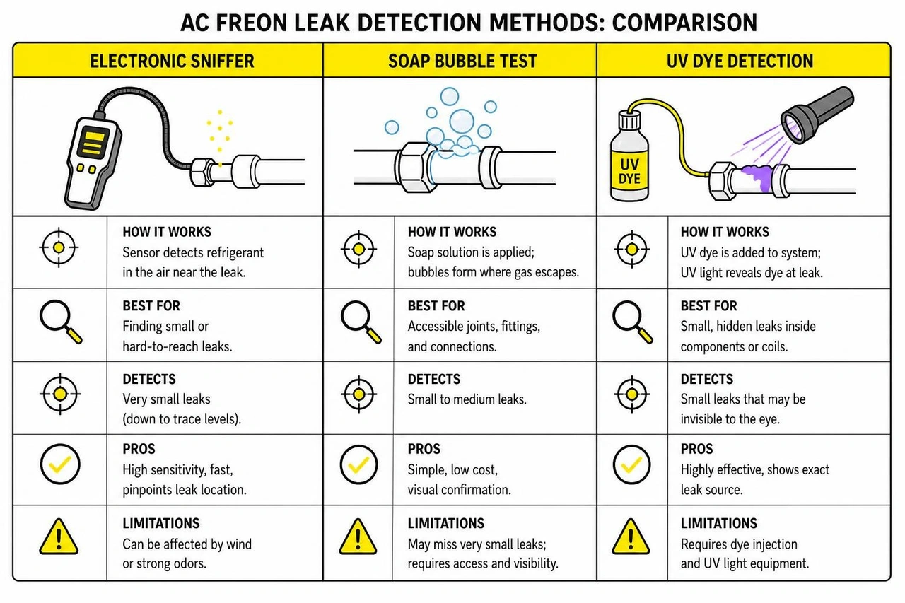 diagram comparing electronic sniffer, soap bubble, and UV dye leak detection techniques diagram comparing electronic sniffer, soap bubble, and UV dye leak detection techniques