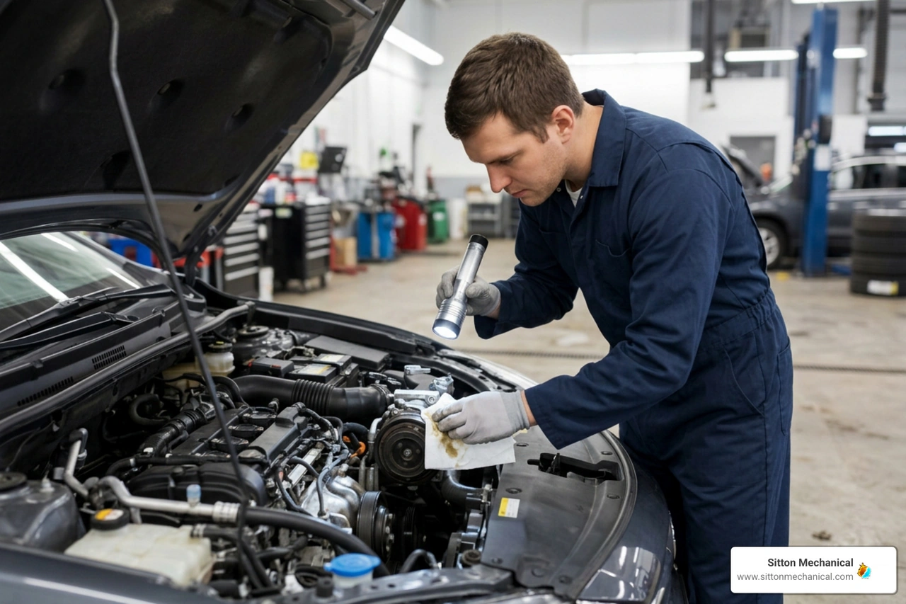 technician inspecting an automotive AC compressor shaft seal technician inspecting an automotive AC compressor shaft seal