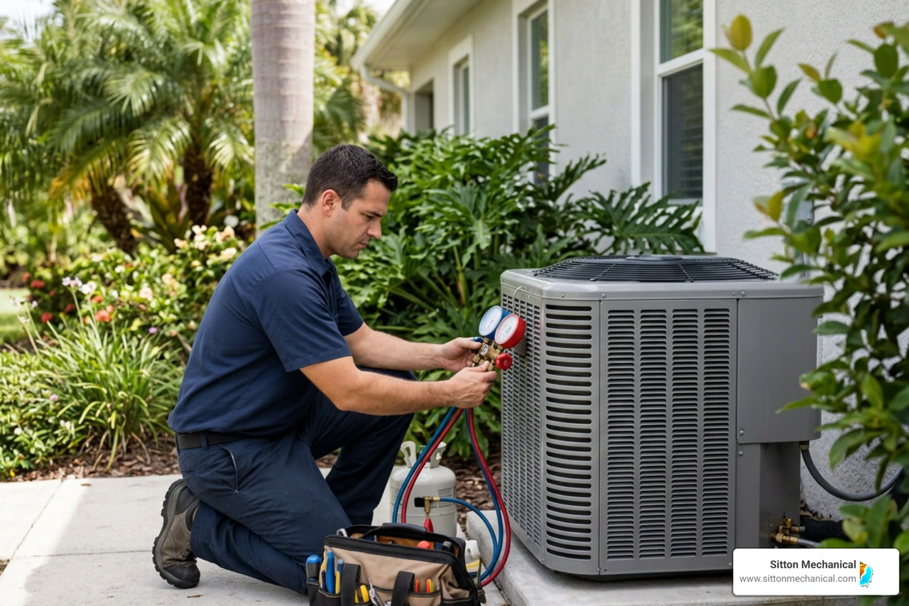 Technician checking refrigerant levels on an outdoor heat pump unit Technician checking refrigerant levels on an outdoor heat pump unit