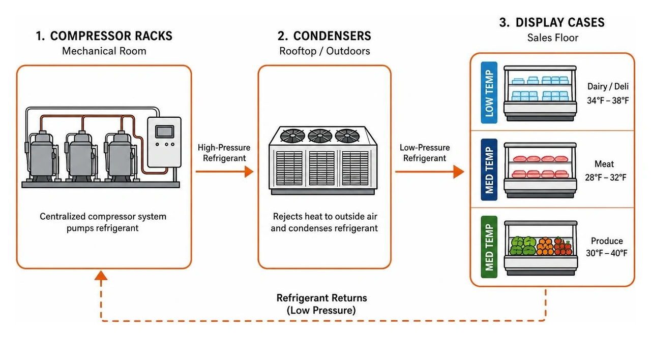 Diagram showing the relationship between compressor racks, condensers, and display cases Diagram showing the relationship between compressor racks, condensers, and display cases