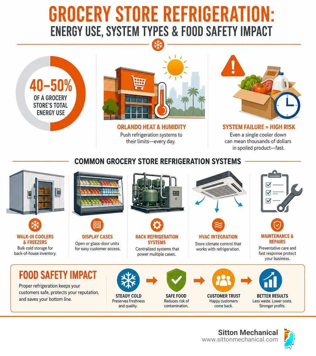 Grocery store refrigeration energy use, system types, and food safety impact infographic infographic Grocery store refrigeration energy use, system types, and food safety impact infographic infographic