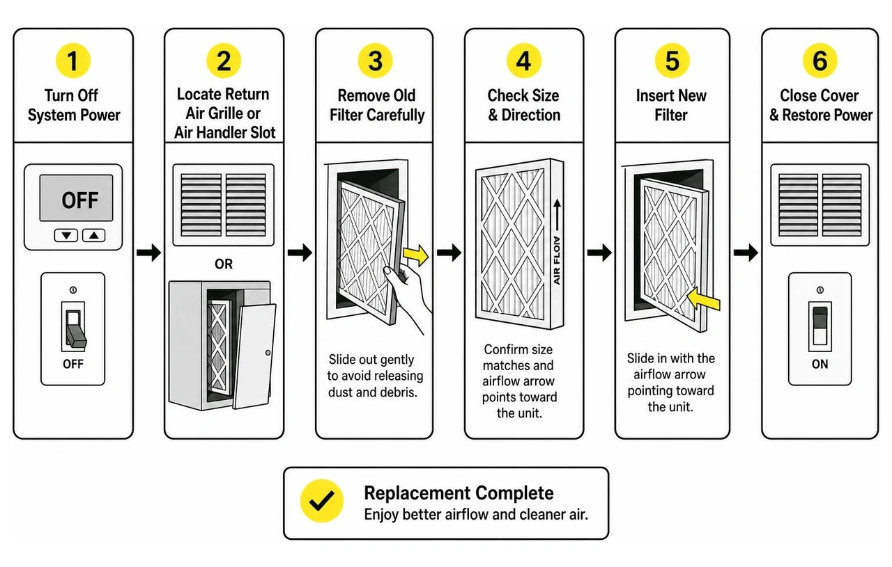 Step-by-step AC filter replacement process diagram Step-by-step AC filter replacement process diagram