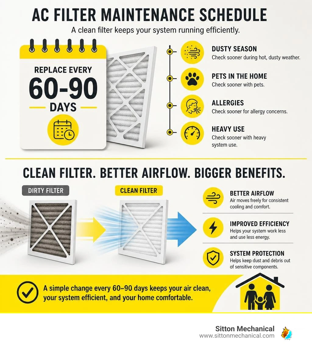 AC filter maintenance schedule and airflow benefits infographic AC filter maintenance schedule and airflow benefits infographic