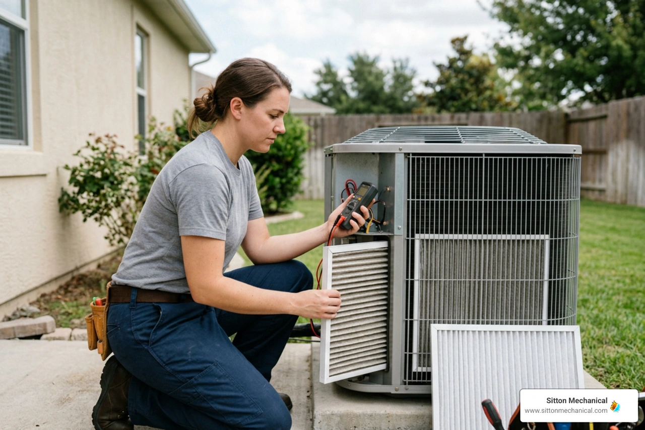 HVAC technician inspecting central cooling unit airflow and filters HVAC technician inspecting central cooling unit airflow and filters