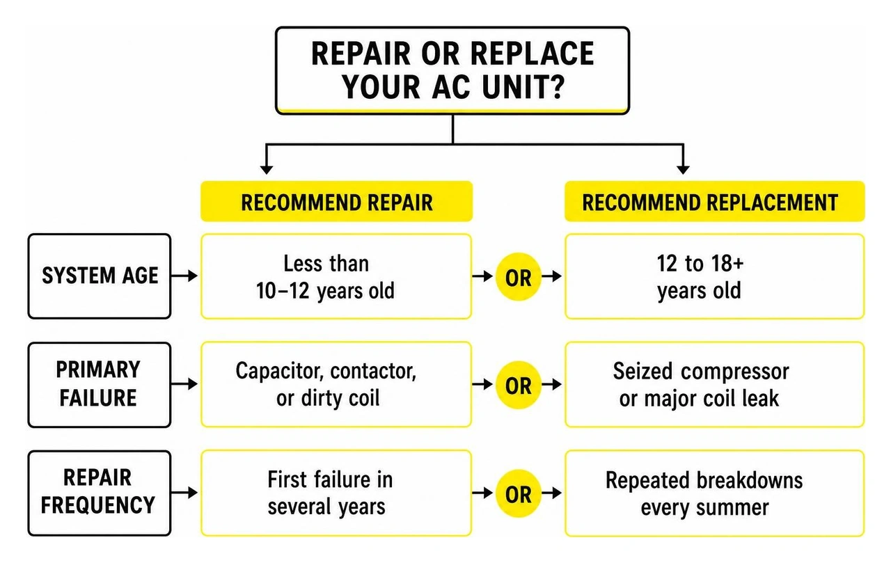 Decision flow diagram comparing AC repair vs replacement Decision flow diagram comparing AC repair vs replacement