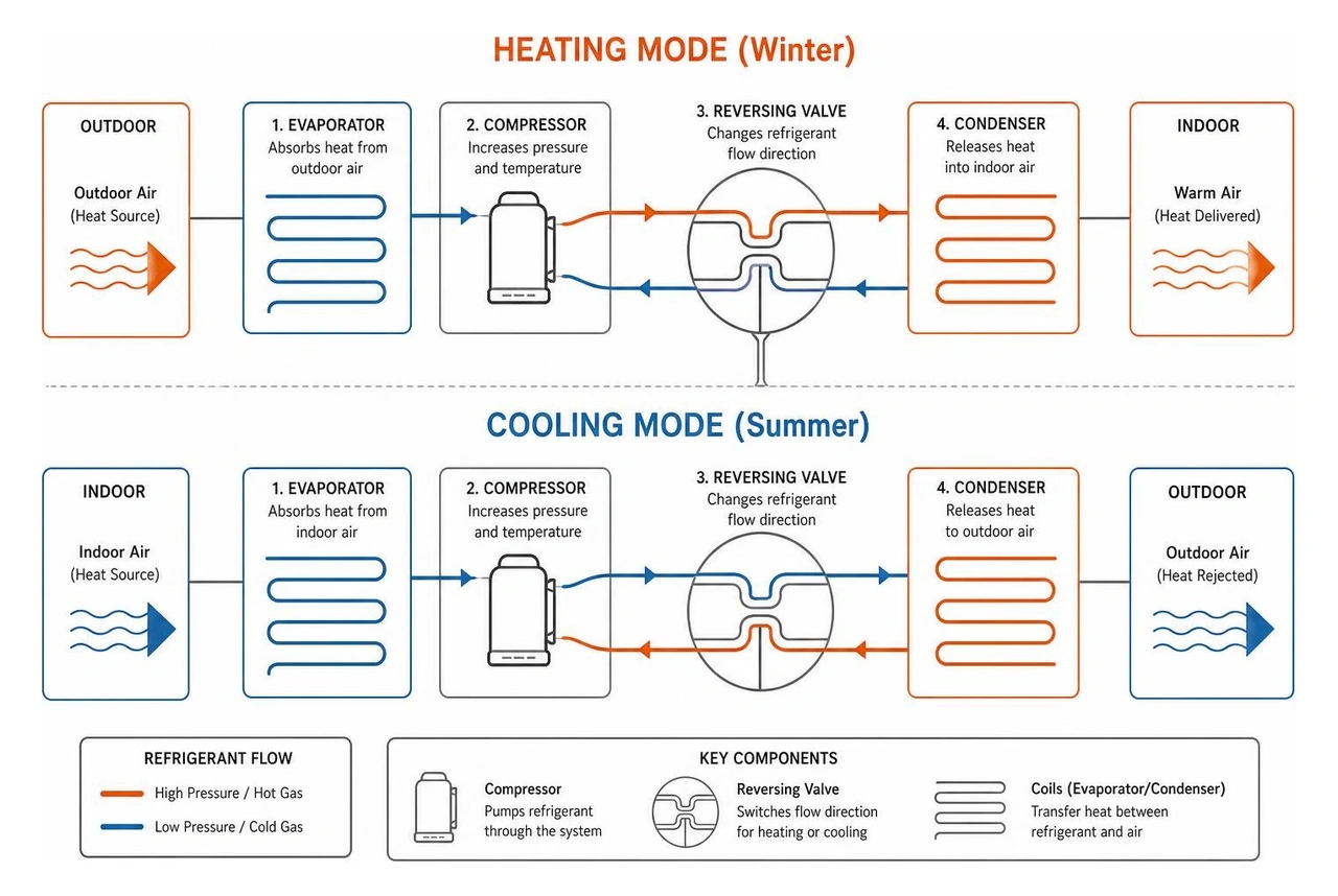 Diagram showing the thermodynamic heat transfer process of a heat pump reversing cycle between heating and cooling modes Diagram showing the thermodynamic heat transfer process of a heat pump reversing cycle between heating and cooling modes