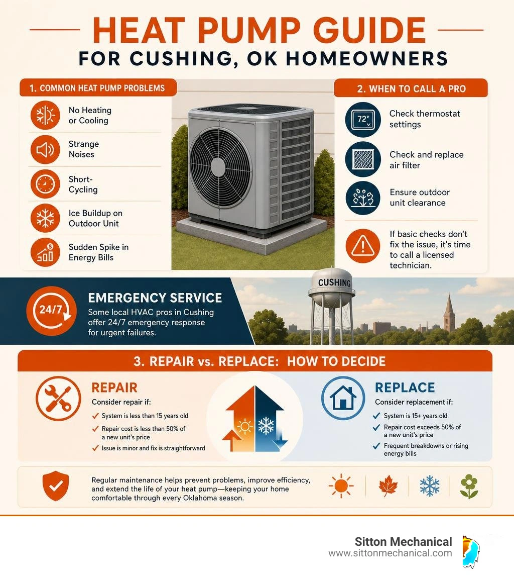 Infographic showing common heat pump problems, when to call a pro, and repair vs replace decision guide for Cushing OK Infographic showing common heat pump problems, when to call a pro, and repair vs replace decision guide for Cushing OK
